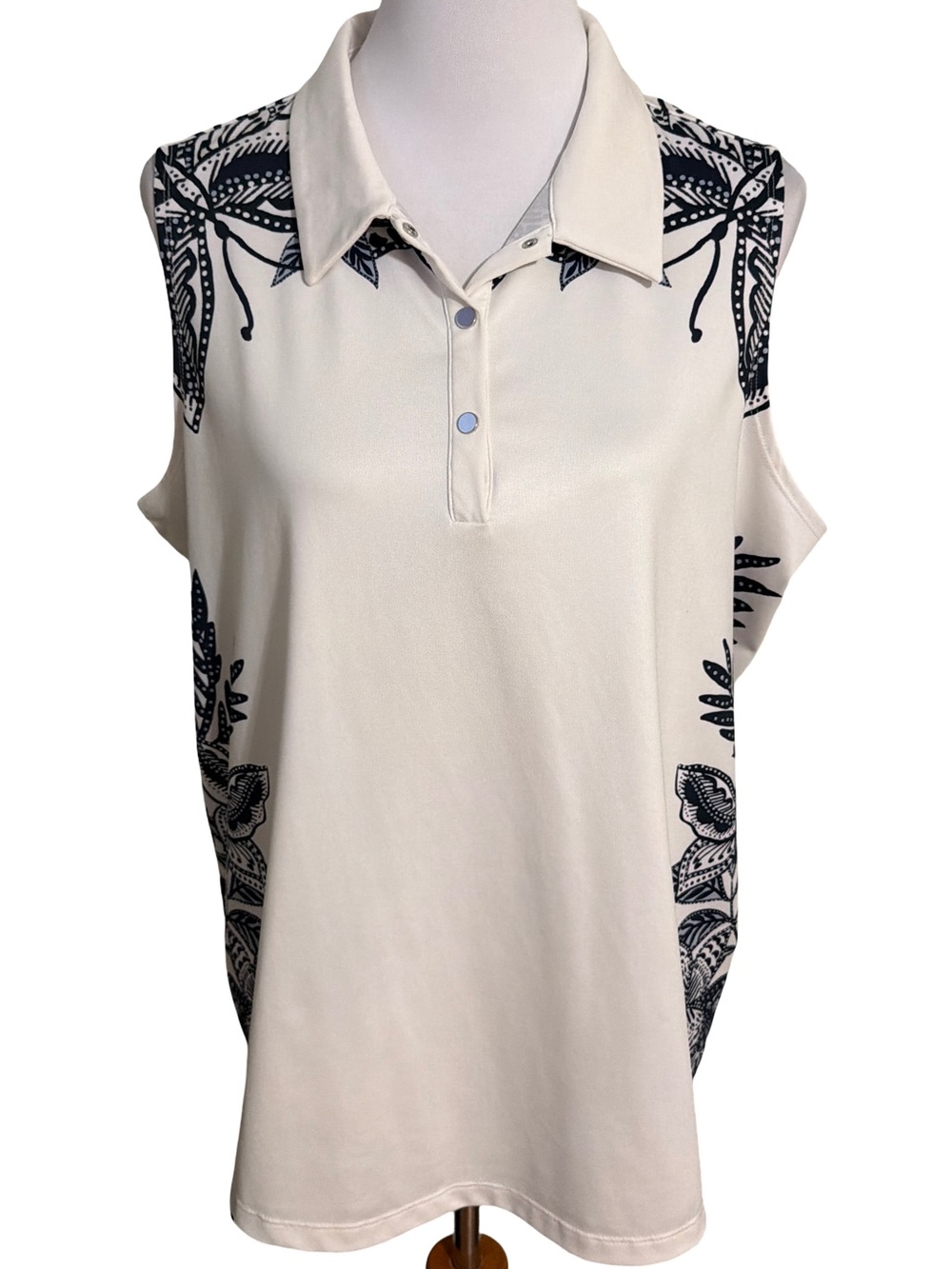 Chico's Cream Sleeveless Polo with Black Floral Trim
